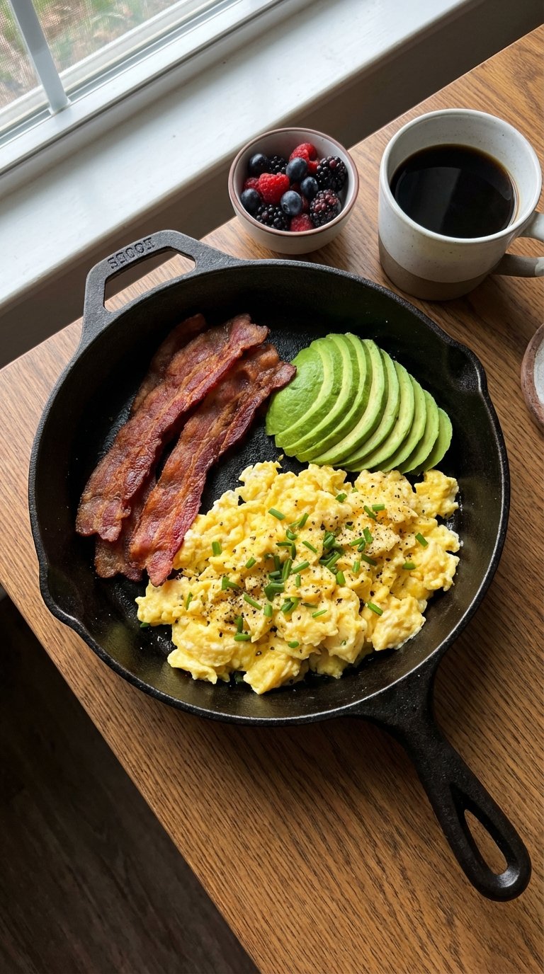 A hot skillet filled with scrambled eggs, bacon, and sliced avocado for a healthy keto breakfast