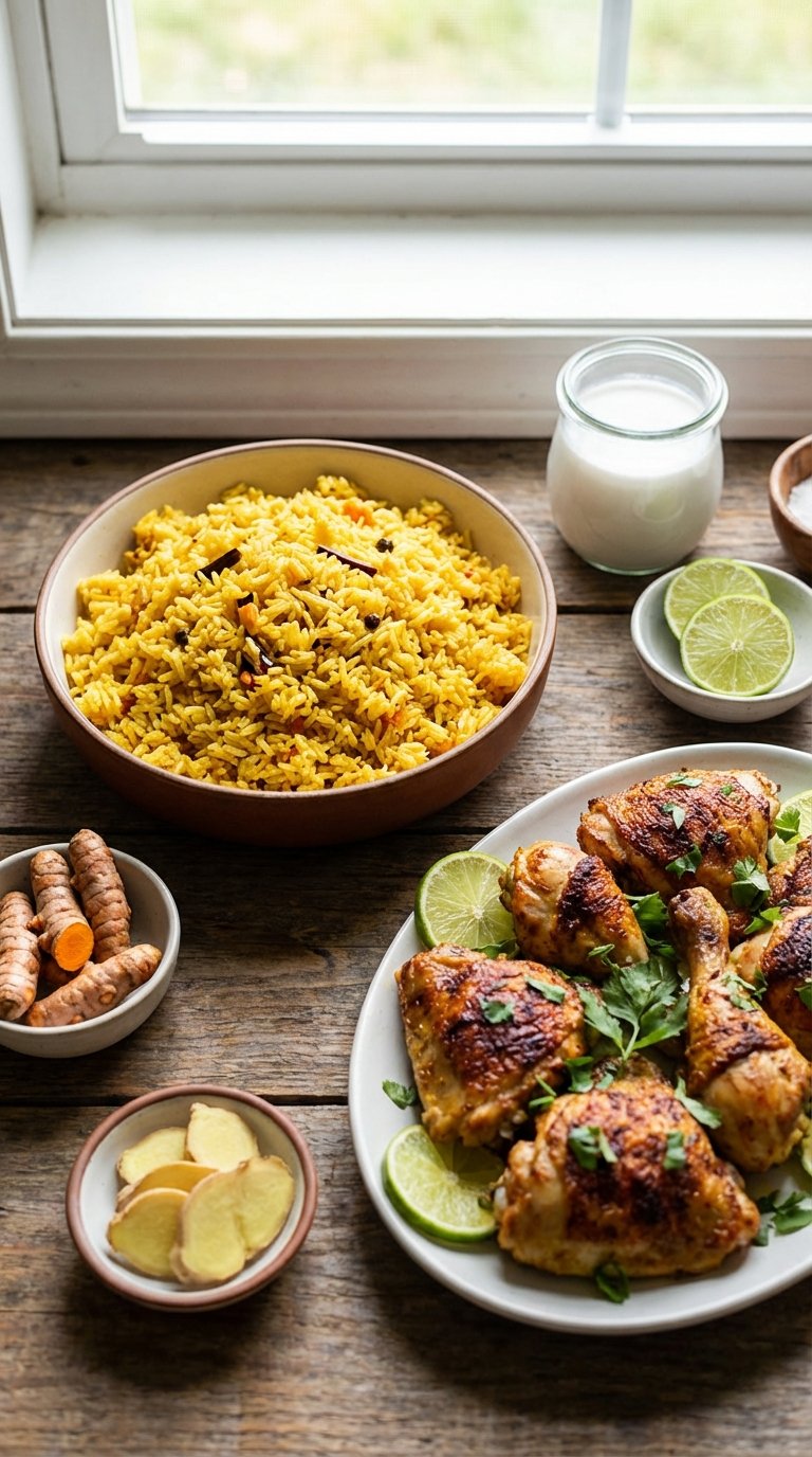 Golden coconut rice served alongside crispy roasted chicken
