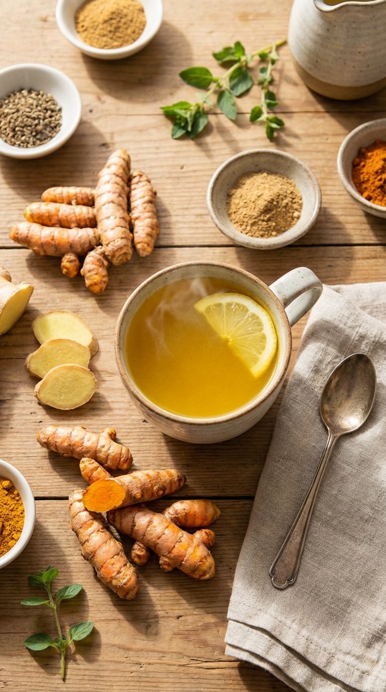 Raw ginger and golden roots beside a steaming cup of tea