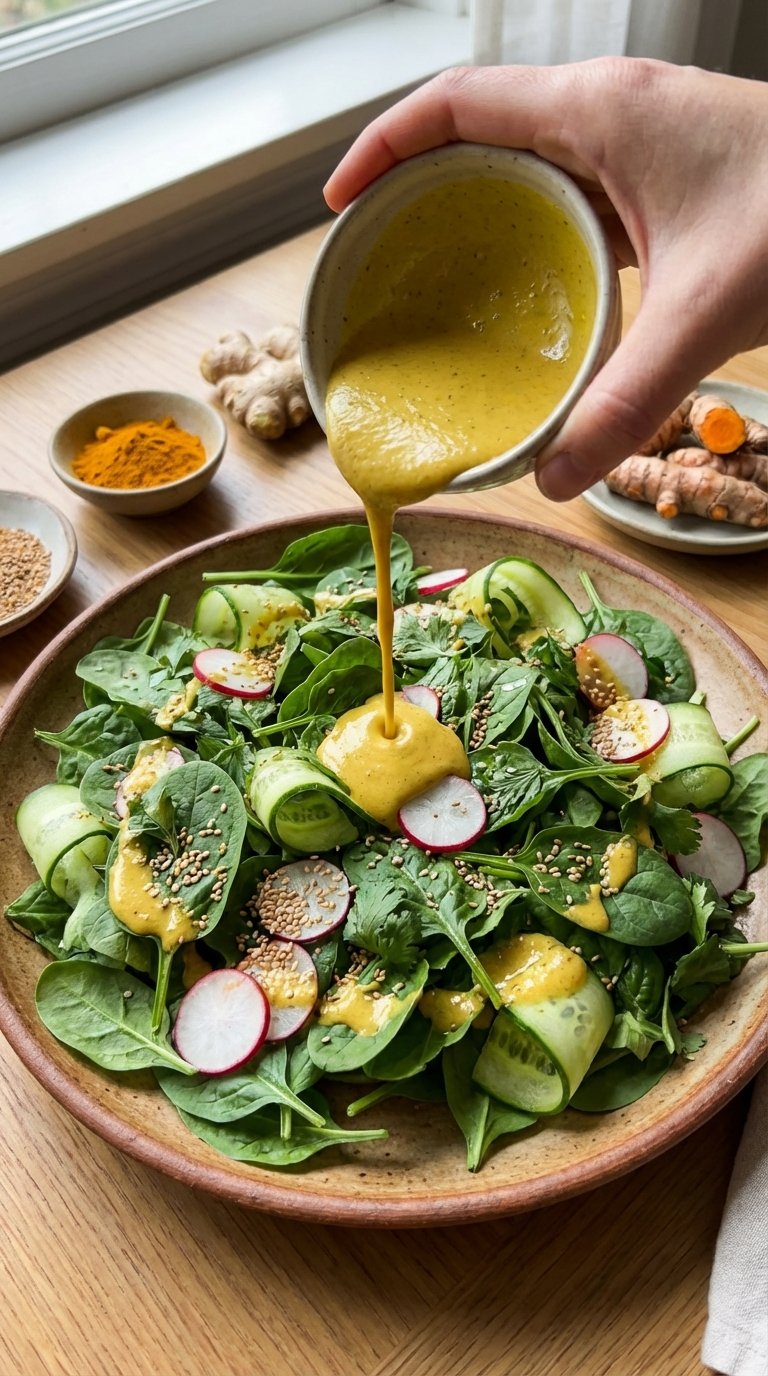 Creamy sesame and spiced dressing poured over a fresh green salad