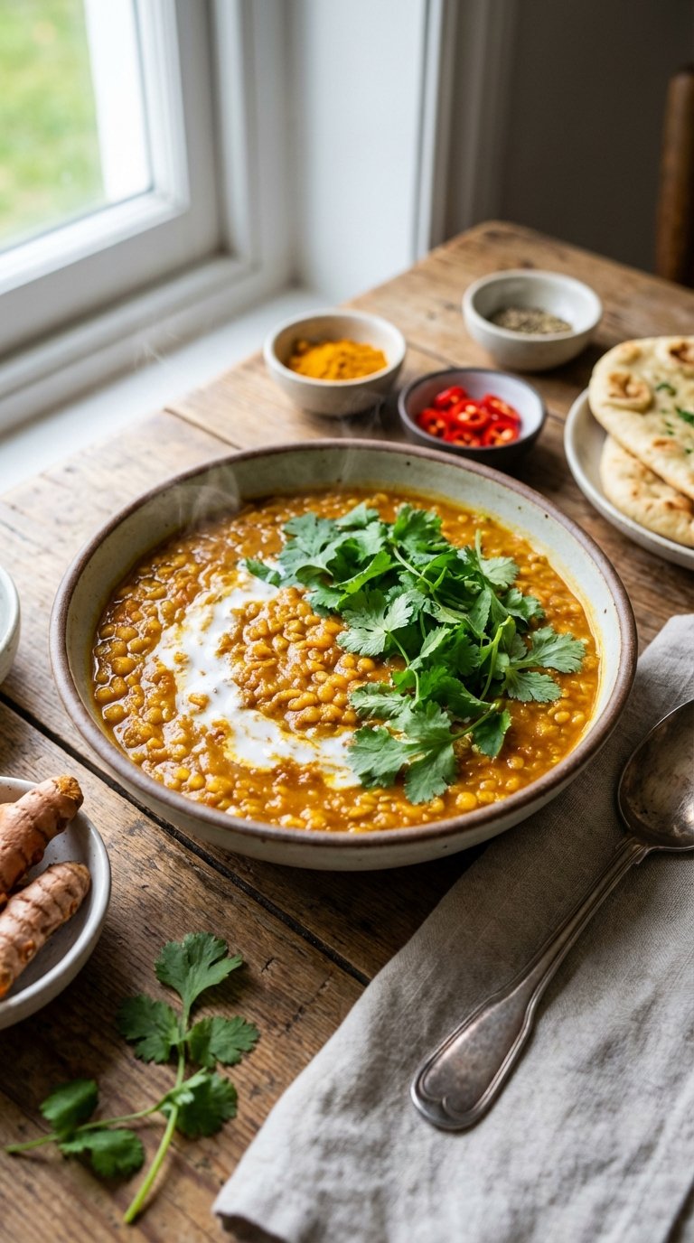 A hearty bowl of red lentil dal topped with fresh cilantro sprigs
