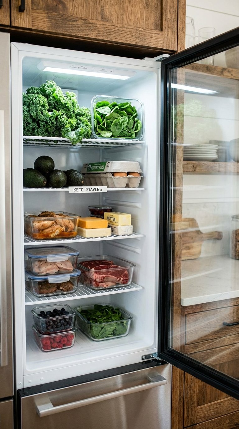 A well-stocked refrigerator featuring leafy greens, eggs, and fresh meats for a beginner keto lifestyle